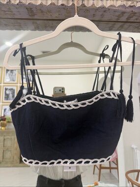Christian Lacroix Navy Linen Blend Cropped Top with White Crochet Trim